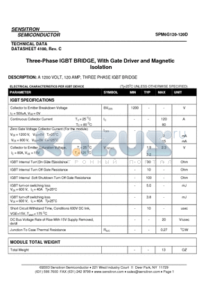 SPM6G120-120D datasheet - Three-Phase IGBT BRIDGE, With Gate Driver and Magnetic Isolation