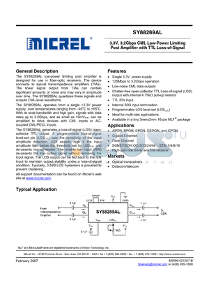 SY88289ALMGTR datasheet - 3.3V, 3.2Gbps CML Low-Power Limiting Post Amplifier with TTL Loss-of-Signal