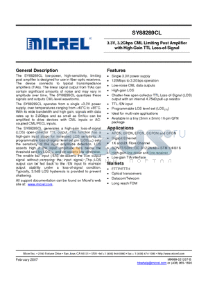 SY88289CL datasheet - 3.3V, 3.2Gbps CML Limiting Post Amplifier