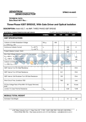 SPM6G140-060D datasheet - Three-Phase IGBT BRIDGE With Gate Driver and Optical Isolation