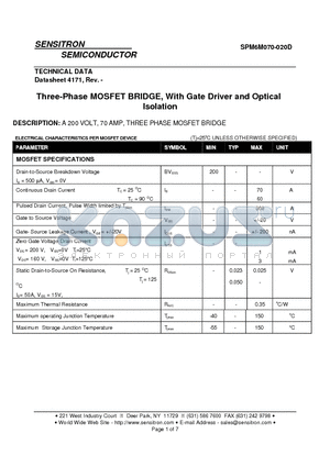 SPM6M070-020D datasheet - Three-Phase MOSFET BRIDGE, With Gate Driver and Optical Isolation