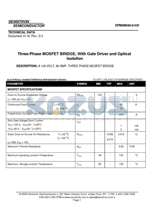 SPM6M080-010D datasheet - Three-Phase MOSFET BRIDGE, With Gate Driver and Optical Isolation