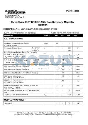 SPM6G140-060D datasheet - Three-Phase IGBT BRIDGE, With Gate Driver and Magnetic Isolation