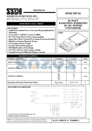 SPMC387-01 datasheet - 50 WATT RADIATION HARDENED DC-DC POWER CONVERTER