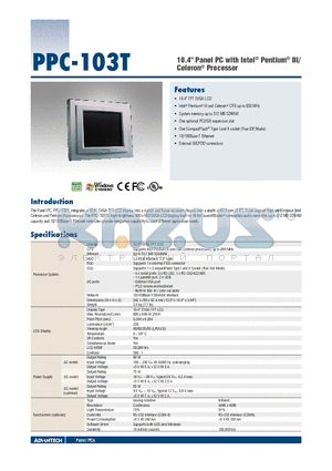 PPC-103DC-BBA-TE datasheet - 10.4 Panel PC with Intel^ Pentium^ III/ Celeron^ Processor