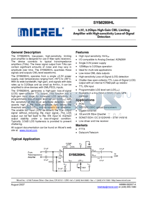 SY88289HL datasheet - 3.3V, 3.2Gbps High-Gain CML Limiting Amplifier with High-sensitivity Loss-of-Signal Detection