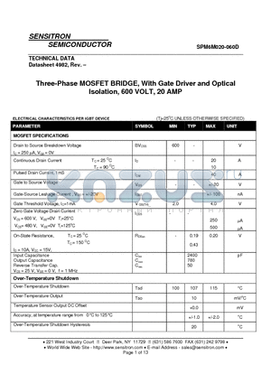 SPM6M020-060D datasheet - Three-Phase MOSFET BRIDGE With Gate Driver and Optical Isolation 600 VOLT 20 AMP