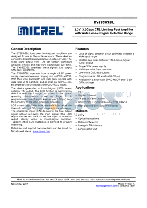 SY88303BL datasheet - 3.3V, 3.2Gbps CML Limiting Post Amplifier with Wide Loss-of-Signal Detection Range