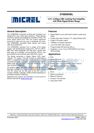 SY88305BLEY datasheet - 3.3V, 3.2Gbps CML Limiting Post Amplifier with Wide Signal-Detect Range