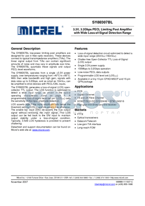 SY88307BLEY datasheet - 3.3V, 3.2Gbps PECL Limiting Post Amplifier with Wide Loss-of-Signal Detection Range