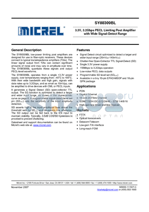 SY88309BL datasheet - 3.3V, 3.2Gbps PECL Limiting Post Amplifier with Wide Signal-Detect Range