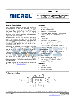 SY88313BLEY datasheet - 3.3V, 3.2Gbps CML Low-Power Limiting Post
