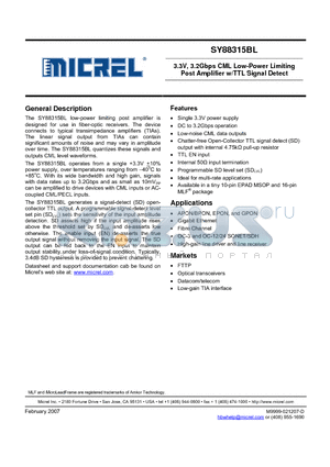 SY88315BLEYTR datasheet - 3.3V, 3.2Gbps CML Low-Power Limiting Post Amplifier w/TTL Signal Detect