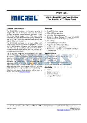 SY88315BLMGTR datasheet - 3.3V, 3.2Gbps CML Low-Power Limiting