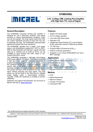 SY88343BLEYTR datasheet - 3.3V, 3.2Gbps CML Limiting Post Amplifier with High Gain TTL Loss-of-Signal