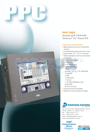 PPC-7402 datasheet - Socket 478 P4/P4-M/ Celeron Panel PC
