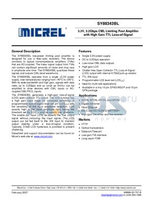 SY88343BLMG datasheet - 3.3V, 3.2Gbps CML Limiting Post Amplifier