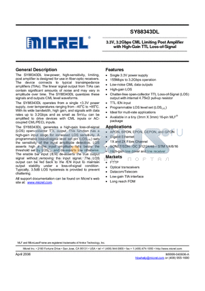 SY88343DL datasheet - 3.3V, 3.2Gbps CML Limiting Post Amplifier with High-Gain TTL Loss-of-Signal