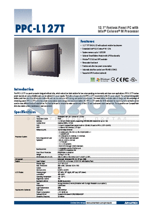 PPC-EXP-L127E datasheet - 12.1 Fanless Panel PC with Intel^ Celeron^ M Processor