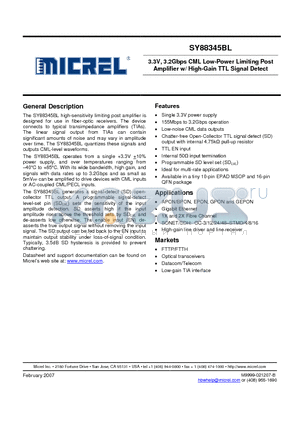 SY88345BLEY datasheet - 3.3V, 3.2Gbps CML Low-Power Limiting Post