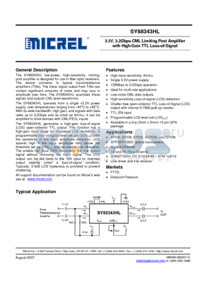 SY88343HL datasheet - 3.3V, 3.2Gbps CML Limiting Post Amplifier with High-Gain TTL Loss-of-Signal
