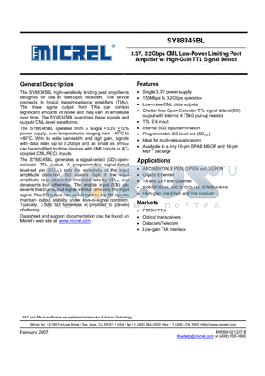 SY88345BLMGTR datasheet - 3.3V, 3.2Gbps CML Low-Power Limiting Post Amplifier w/ High-Gain TTL Signal Detect