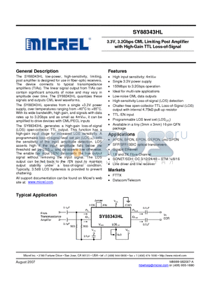 SY88343HLMGTR datasheet - 3.3V, 3.2Gbps CML Limiting Post Amplifier with High-Gain TTL Loss-of-Signal