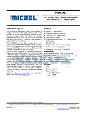 SY88347DLEY datasheet - 3.3V, 3.2Gbps PECL Limiting Post Amplifier with High-Gain TTL Loss-of-Signal