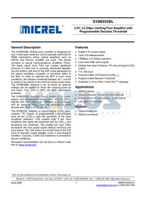 SY88353BLMGTR datasheet - 3.3V, 3.2 Gbps Limiting Post Amplifier with Programmable Decision Threshold