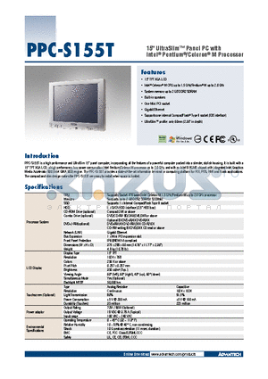 PPC-S154WL-MT datasheet - 15 UltraSlim Panel PC with Intel^ Pentium^/Celeron^ M Processor