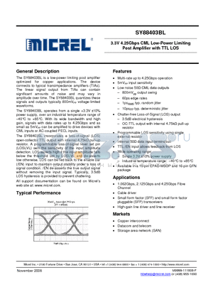SY88403BLEY datasheet - 3.3V 4.25Gbps CML Low-Power Limiting