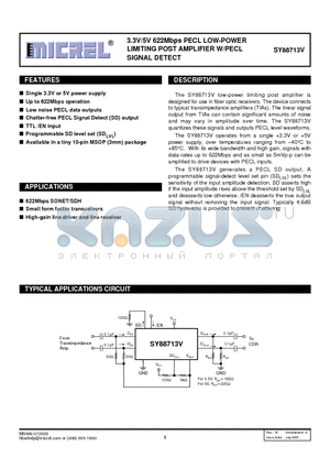 SY88713V datasheet - 3.3V/5V 622 Mbps PECL LOW-POWER LIMITING POST AMPLIFIER W/PECL SIGNAL DETECT