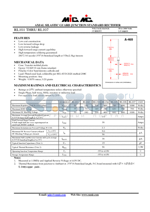 RL101 datasheet - AXIAL SILASTIC GUARD JUNCTION STANDARD RECTIFIER