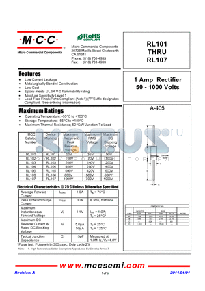 RL101 datasheet - 1 Amp Rectifier 50 - 1000 Volts