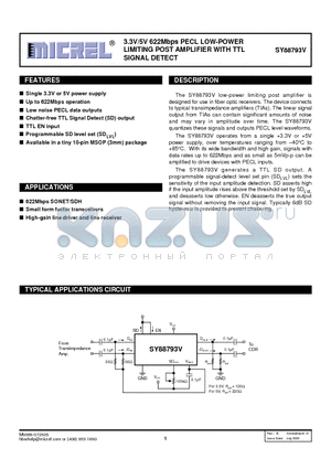 SY88793VKC datasheet - 3.3V/5V 622Mbps PECL LOW-POWER LIMITING POST AMPLIFIER WITH TTL SIGNAL DETECT