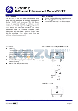 SPN1012 datasheet - N-Channel Enhancement Mode MOSFET