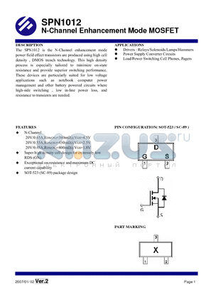 SPN1012S52RG datasheet - N-Channel Enhancement Mode MOSFET