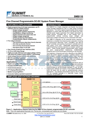 SMB110 datasheet - Five Channel Programmable DC-DC System Power Manager