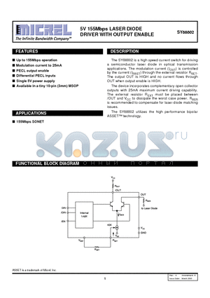 SY88802 datasheet - 5V 155Mbps LASER DIODE DRIVER WITH OUTPUT ENABLE