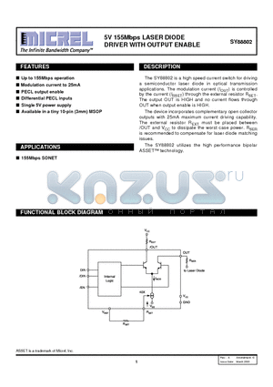 SY88802KI datasheet - 5V 155Mbps LASER DIODE DRIVER WITH OUTPUT ENABLE