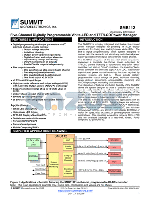 SMB112 datasheet - Five-Channel Digitally Programmable White-LED and TFT/LCD Power Manager