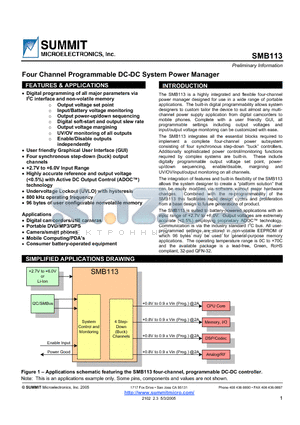 SMB113 datasheet - Four Channel Programmable DC-DC System Power Manager