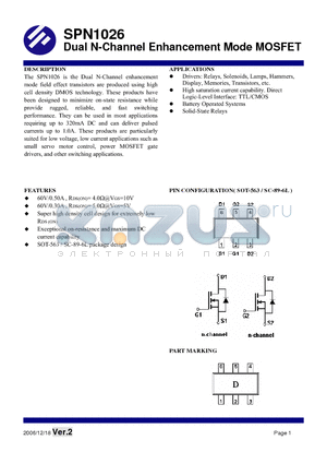 SPN1026 datasheet - Dual N-Channel Enhancement Mode MOSFET