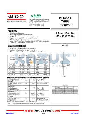 RL101GP datasheet - 1 Amp Rectifier 50 - 1000 Volts