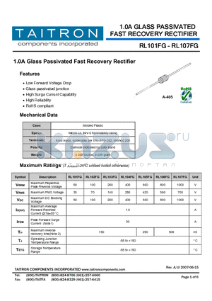 RL101FG datasheet - 1.0A Glass Passivated Fast Recovery Rectifier