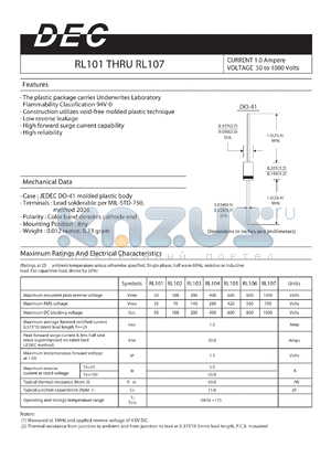 RL102 datasheet - CURRENT 1.0 Ampere VOLTAGE 50 to 1000 Volts