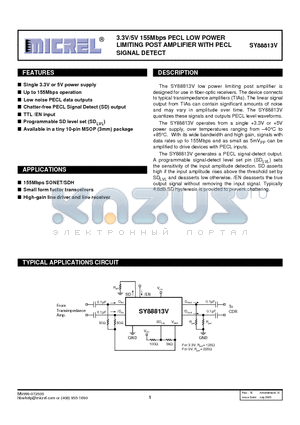 SY88813V datasheet - 3.3V/5V 155Mbps PECL LOW POWER LIMITING POST AMPLIFIER WITH PECL SIGNAL DETECT