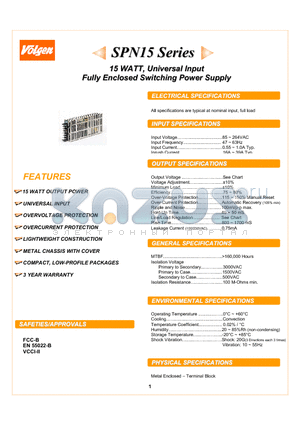 SPN15-48S datasheet - 15 WATT, Universal Input Fully Enclosed Switching Power Supply