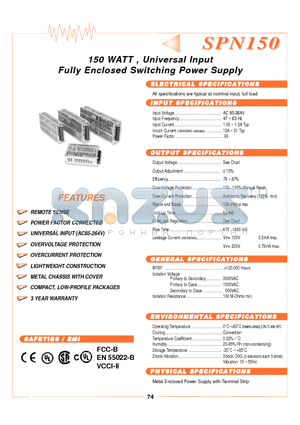 SPN150-12S datasheet - 150 WATT, Uniiverrsall IInputt Fulllly Encllosed Swiittchiing Powerr Supplly