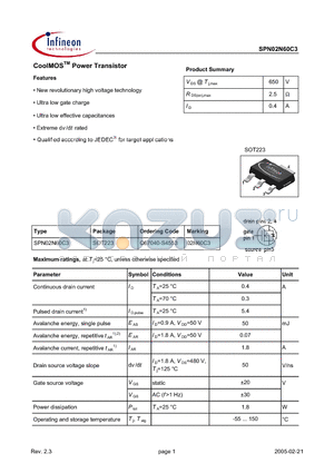 SPN02N60C3 datasheet - New revolutionary high voltage technology Ultra low gate charge Ultra low effective capacitances